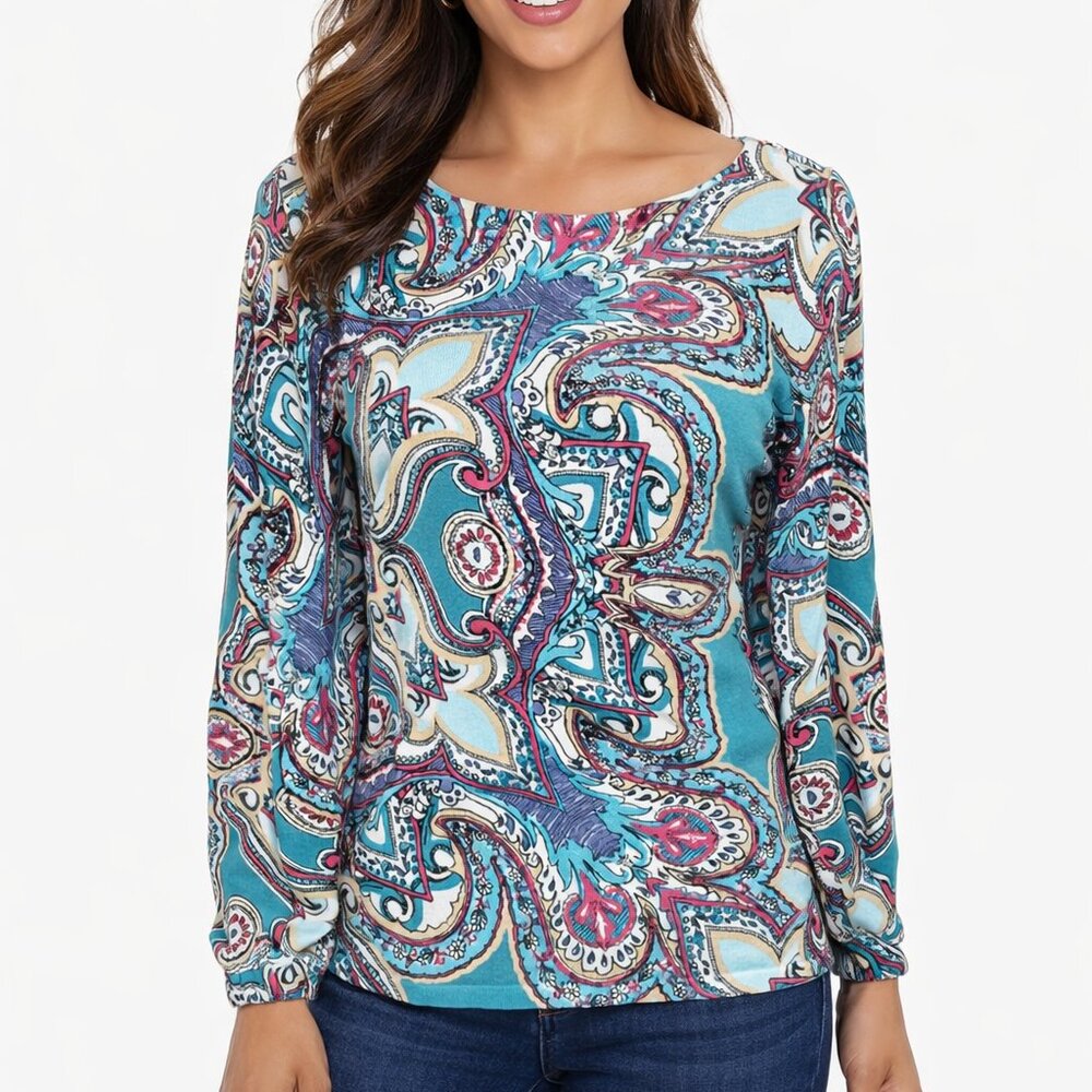 Chico's Paisley Boat Neck Knit Top Size 0 Small Teal Pink Long Sleeve